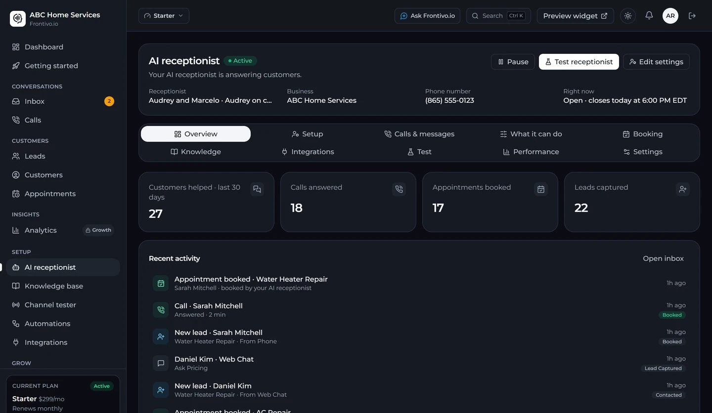 Frontivo.io AI receptionist settings and recent activity