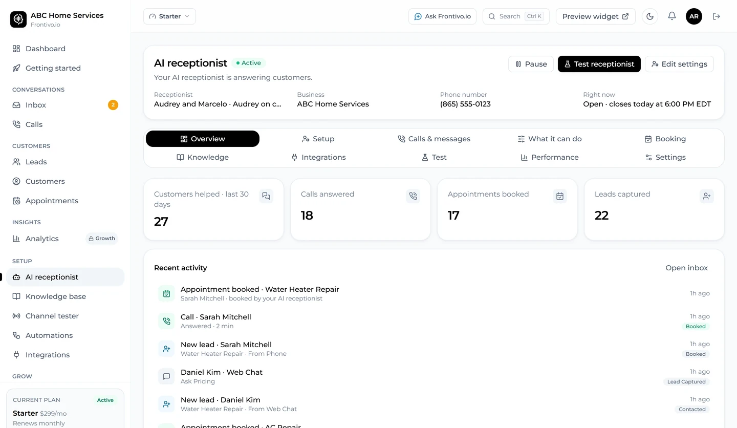 Frontivo.io AI receptionist settings and recent activity