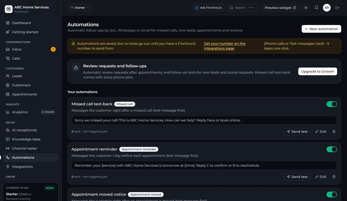 Frontivo.io automations: missed-call text-back and appointment reminders