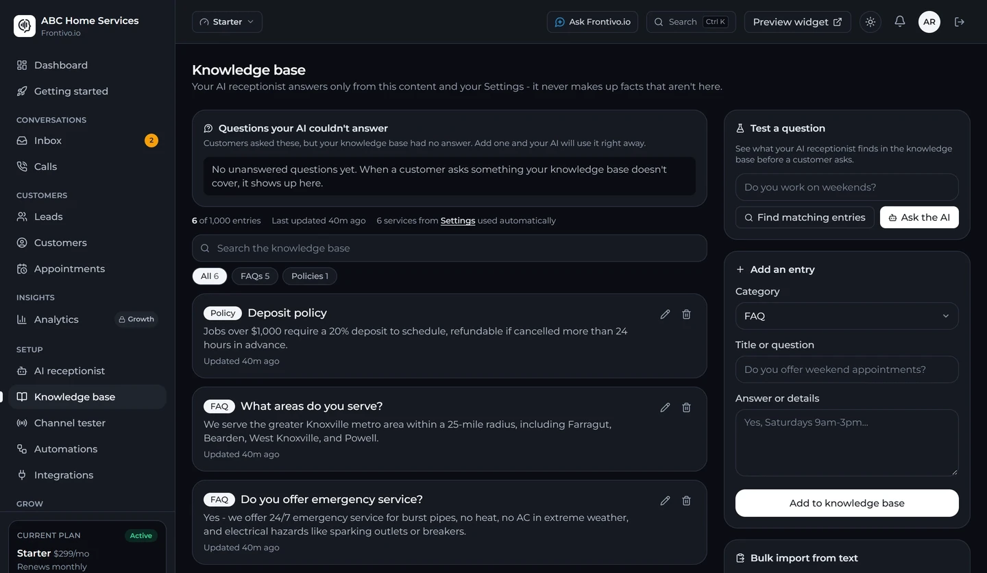 Frontivo.io knowledge base the AI answers from