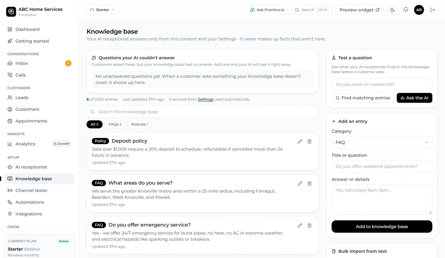 Frontivo.io knowledge base the AI answers from