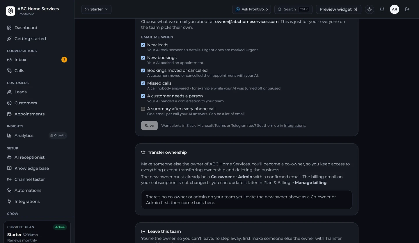 Frontivo.io email alerts each team member chooses