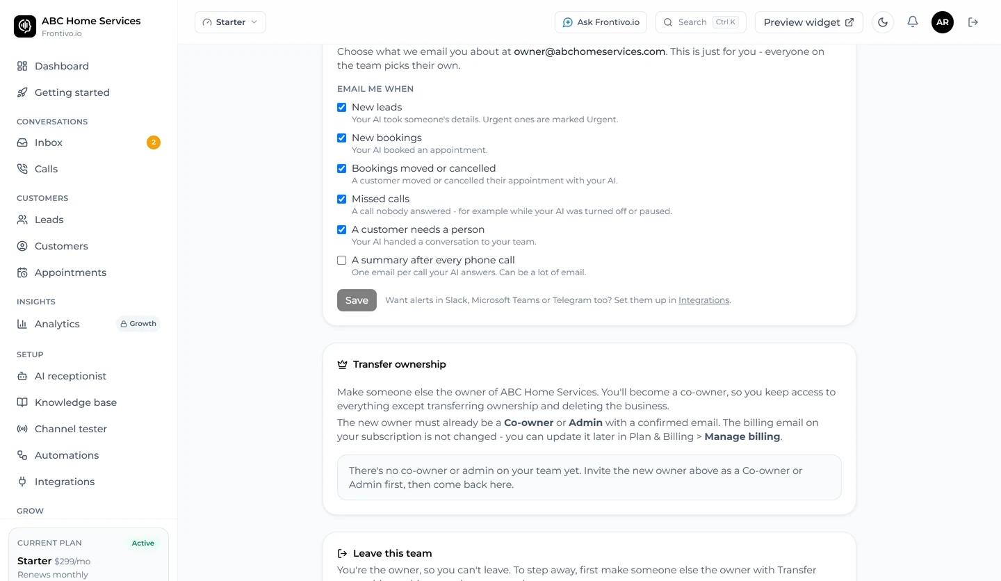Frontivo.io email alerts each team member chooses